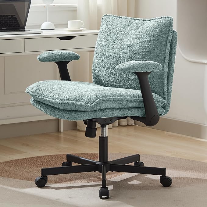 Criss Cross Legged Office Chair with Wheels and Flip-Up Arms, Upholstered Criss Cross Desk Chair, Wide Seat Chairs for Home Office, Vanity, Apartment, Light Green