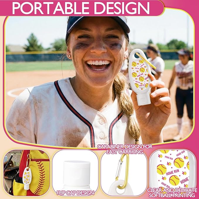 Leelosp 24 Pcs Softball Bulk Mini Sunscreen with Carabiner Bulk Travel Size 1oz Spf 30+ Sport Party Favor Water-resistant Sunscreen Keychain Bottle Softball Team Gift for Girls Friends Party Supplies