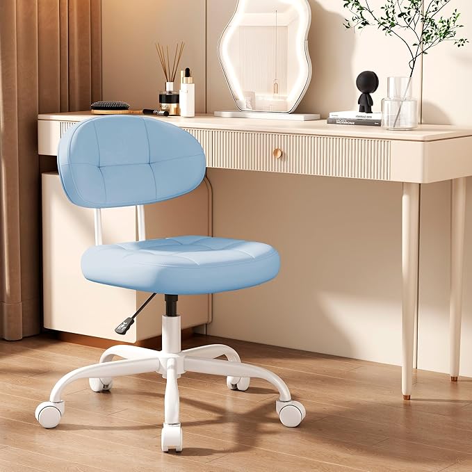 Misolant Vanity Chair with Back, Small Armless Cute Office Chair with Wheels and Lumbar Support, Comfy PU Leather Desk Computer Chairs with Adjustable Height, 360°Swivel for Home Bedroom Office, Blue