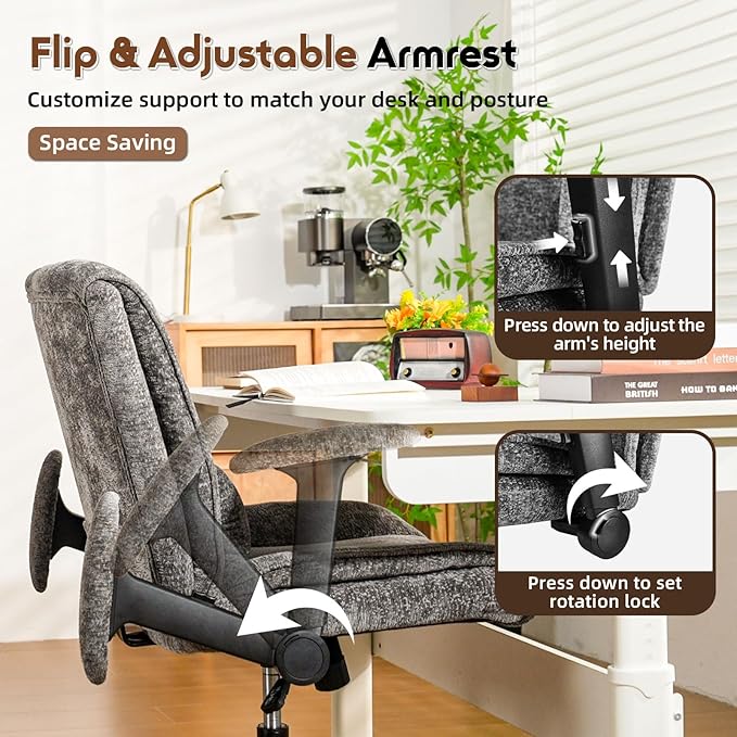 Criss Cross Chair with Wheels & Flip Arms, Wide Cross Legged Office Chair with Adjustable Tilt Criss-Cross Desk Chair with Lumbar Support for Home Office, Bedroom, Apartment Gray