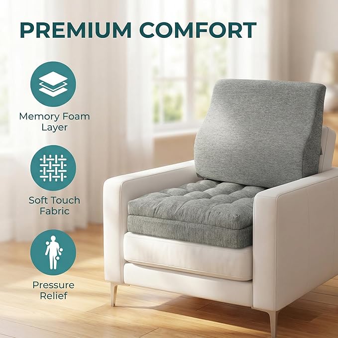 baibu Memory Foam Recliner Cushions with Lumbar Support Pillow Set for Elderly, 20x20x5 Inch Dual-Layer Design Non-Slip Recliner Seat Cushion & Back Support Pillow for Reduce Hip & Lumbar Pain, Grey