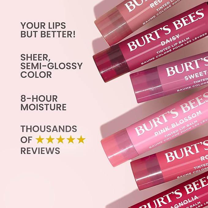Burt's Bees Lip Tint Balm, Long Lasting 2 in 1 Duo Tinted Balm Formula, Color Infused with Hydrating Shea Butter for a Natural Looking Buildable Finish, Hibiscus, 1 Tube