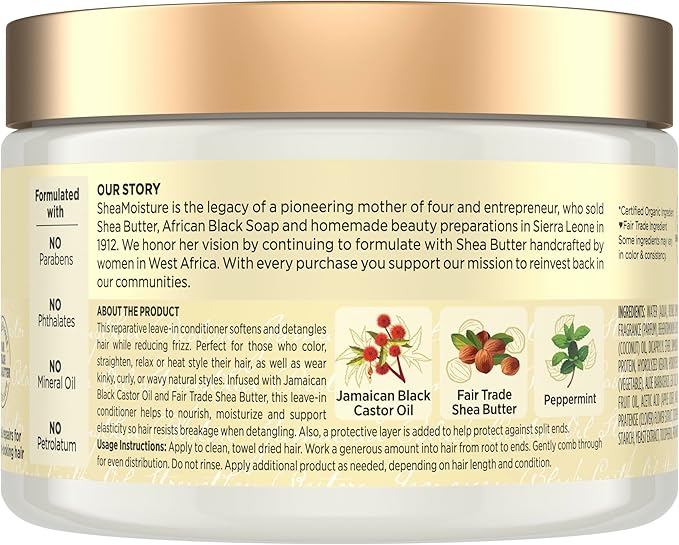 SheaMoisture Jamaican Black Castor Oil Leave In Conditioner 100% Pure Jamaican Black Castor Oil For Damaged Hair to Soften and Detangle Hair 11.5 oz