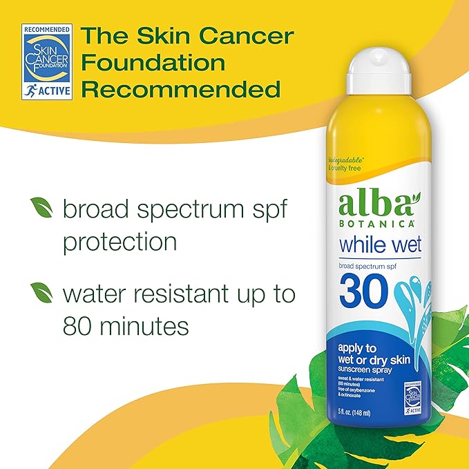 Alba Botanica Sunscreen for Face and Body, While Wet Sunscreen Spray, Broad Spectrum SPF 30, Water Resistant Sunscreen for Wet and Dry Skin, 5 fl. oz. Bottle (Pack of 2)