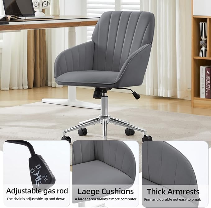 Velvet Home Office Desk Chair, Modern Cute Computer Task Chair with Back, Height Adjustable Upholstered Vanity Chair with Swivel Wheels for Women, Girls (Silver Base, Gray