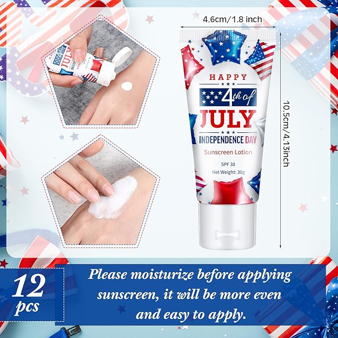 12 Pcs Mini Sunscreen Bulk for Summer Travel Size Spf 30 Water Resistant Sunscreen Lotion Bulk for Thank You Gifts Hawaiian Wedding Bridal Party Favors for Pool Wedding(Independence Day)