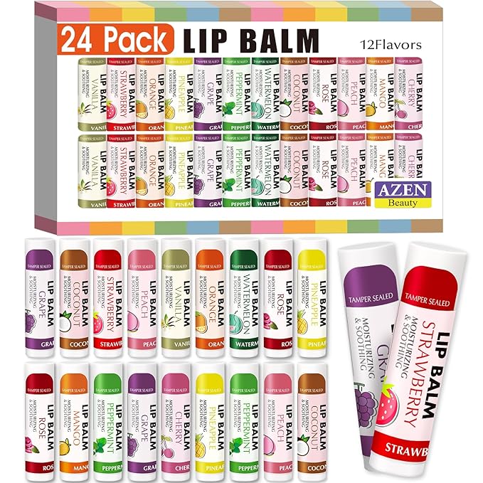 AZEN 24 Pack Lip Balm Bulk, Moisturizing Lip Balms for dry cracked lips, Valentines Gifts Easter Basket Stuffers - 12 Flavors