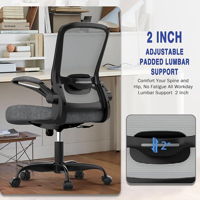 Mimoglad Ergonomic Office Chair - Desk Chair with Flip-up Armrests & 135° Recline, Adjustable Lumbar Support - Space-Saving Task Chair for Business/Team Office & Home (Iron Gray, 300lbs)