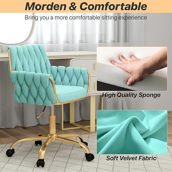 Velvet Modern Home Office Vanity Chair, 360° Swivel Adjustable Height Makeup Desk Chair with Golden Base and Hand Woven Backrest for Bedroom/Study/Vanity (Teal)