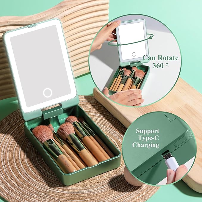 BS-MALL Travel Makeup Brush Set – 14 Pcs Foundation Powder Concealers Eye Shadows with LED Light Mirror, Green