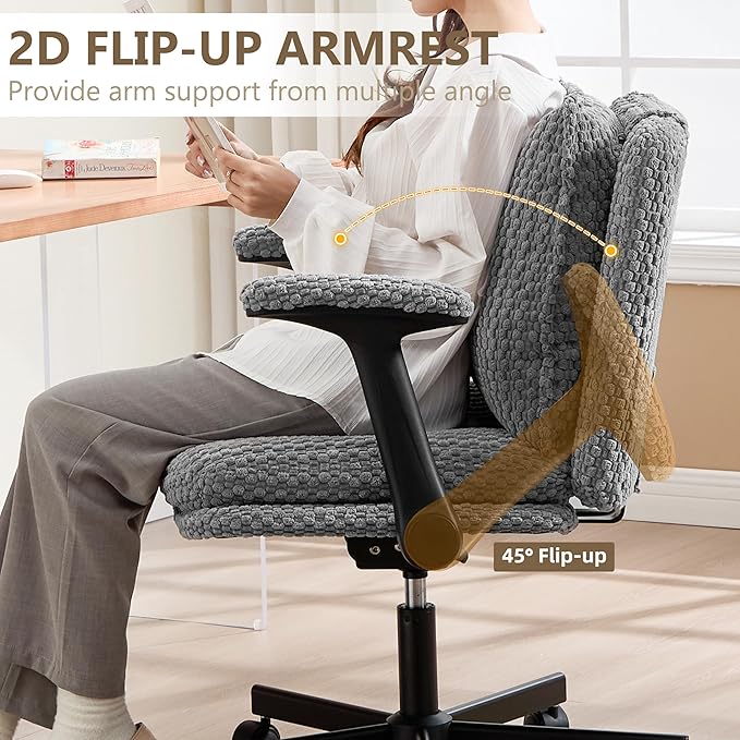 Fizzin Flip-up Armrests for Criss Cross Chair,Cross Legged Chair with Wheels,Memory Foam Seat Office Desk Chair,Mid Back Swivel Chair for Home Office,Bedroom Vanity (Grey Armrests)