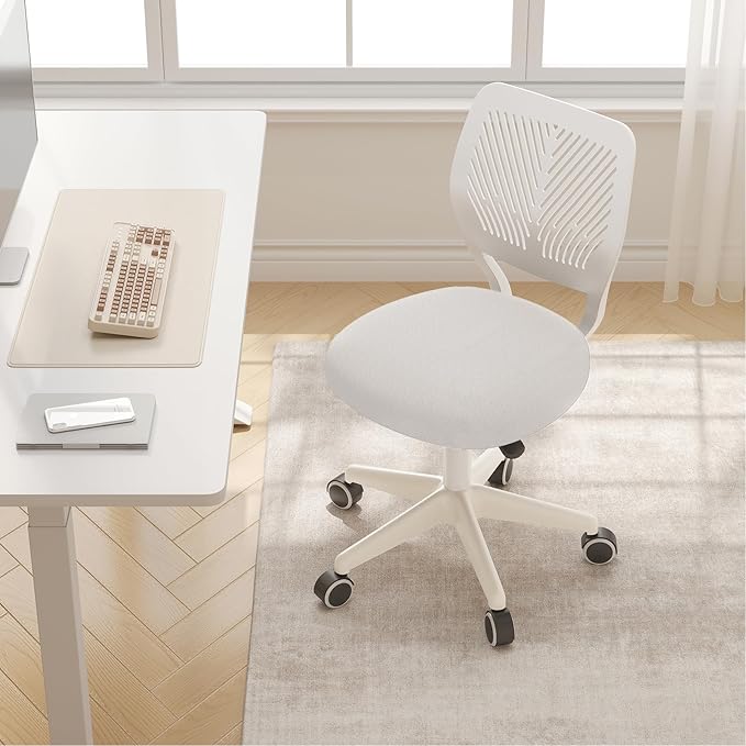 Armless Desk Chair, Height Adjustable Swivel Office Rolling Task Chairs with Soft Mesh Padded Cushion, Ergonomic Small Study Computer Chair for Girls Boys Teens (White, 2PCS)