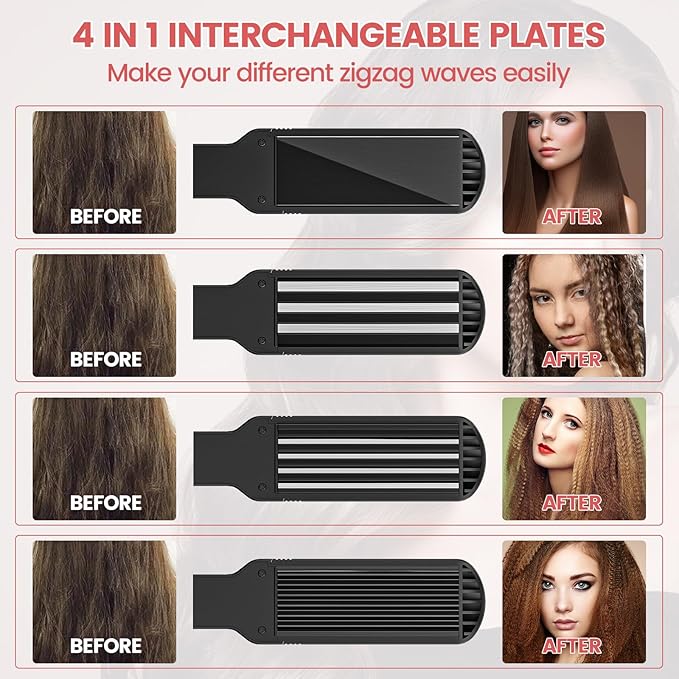 Hair Crimper for Women - Ceramic Waver Hair Tool with 4-in-1 Flat Crimping Iron Plates, 15s Fast Heating, Volumizing Hair Crimper, for All Hair Types - Black