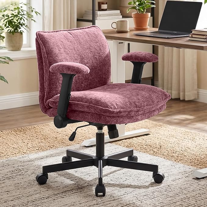 Cross Legged Office Chair, Height Adjustable Swivel Desk Chair with Flip-Up Arms, Padded Criss Cross Chair for Home Office & Bedroom