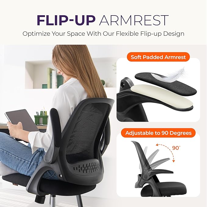 NEO CHAIR Office Desk Computer Gaming Ergonomic Chair with Lumbar Back Support Adjustable Height Swivel Wheels Flip-up Arms Mesh Chair for Home or Office (Black)