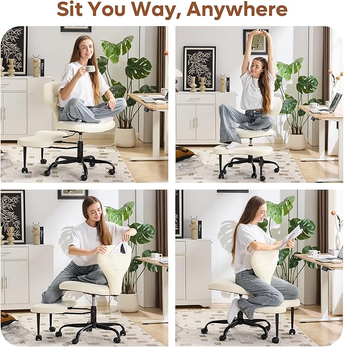 YFO Ergonomic Cross Legged Office Chair and ADHD Meditation Chair with Silent Wheels for Home Office Desk Chair and Yoga, Wider Backrest Support and Storage Pockets Design, PU Leather, Cream