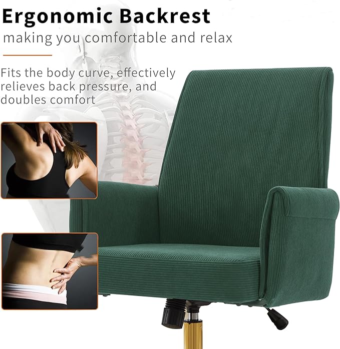 YITAI Stripes Velvet 360°Swivel Desk Chair, Modern Height Adjustable Home Office Armchair with Gold Base and Wheels for Vanity, Comfy Computer Chair for Study Living Room Bedroom（Green）