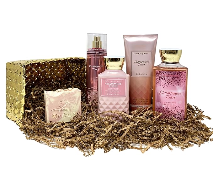 Bath & Body Works Champagne Toast Deluxe Gold Woven Basket Gift Set - Fragrance Mist - Body Cream - Shower Gel and Body Lotion - with a Himalayan Salts Springs Bar Soap - Full Size