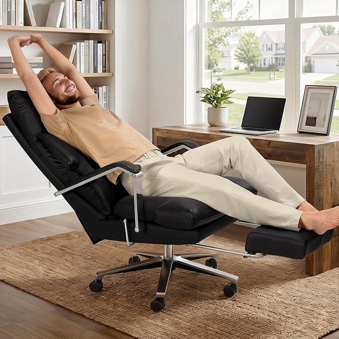 M76 160° Reclining Executive Office Chair with Footrest, Adjustable Seat Depth, 10" Thick Cloud Cushion Desk Chair, 420lb Heavy Duty High Back Leather Desk Chair for Home Office, Black