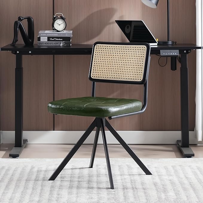 Zesthouse Rattan Desk Chair No Wheels, Mid Century Modern Home Office Chair with Cane Mesh & Wooden Back, Vintage Faux Leather Swivel Accent Chair, Upholstered Armless Computer Task Chair,Green