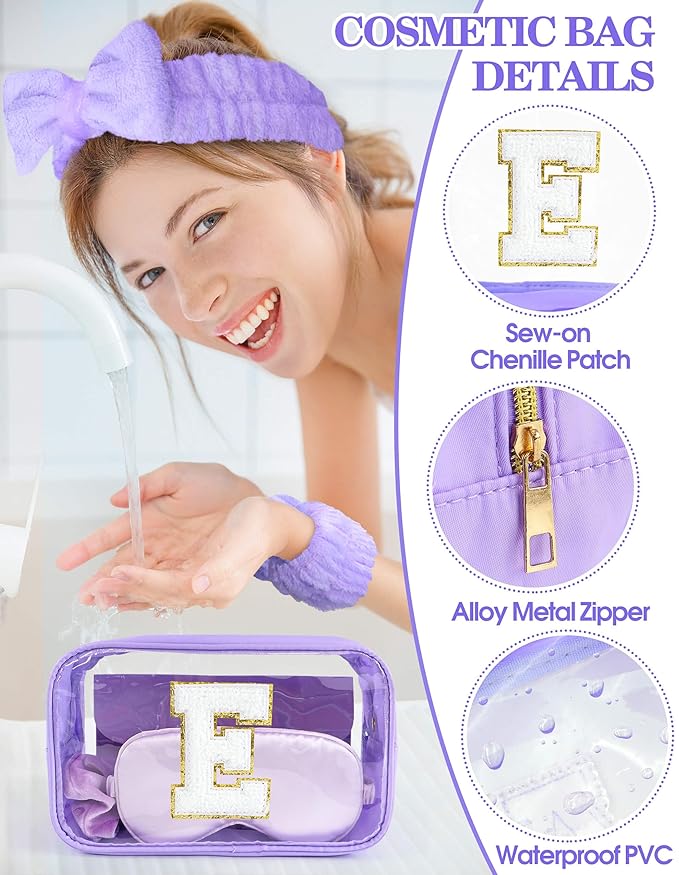 Gift Sets for Women, Initial Makeup Bag with Makeup Brush Set Bachelorette Party Favors, Purple Spa Kit with Skincare Headbands Wrist Bands Sleepover Party Supplies Gifts for Teen Girls Bridesmaid E
