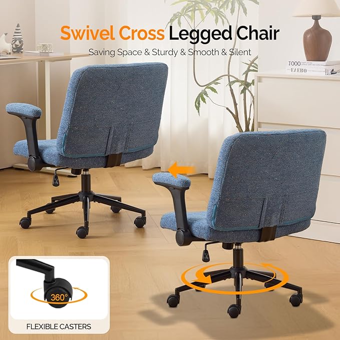 VINGLI Criss Cross Chair with Adjustable Flip-Up Arms,Cross Legged Chair with Wheels,Extra Wide Office Chair,Desk Chair for Home Office,Vanity,Bedroom, Apartment,Starry Chenille,Navy Blue