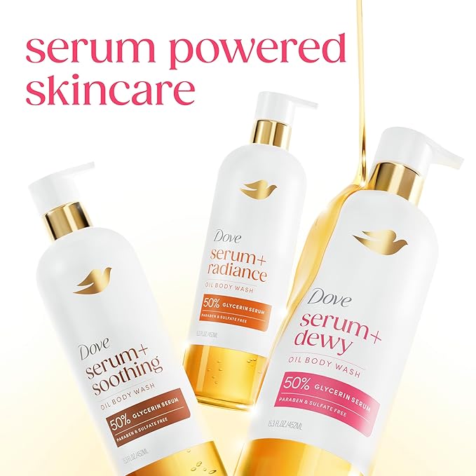 Dove Serum+ Shower Oil Body Wash with Coconut & Geranium Oil, Dewy Hydrating Cleanser for Soft Skin, 15.3 fl oz