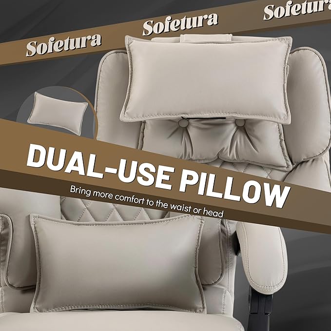 Massage Office Chair with Foot Rest,6 Points Vibration & Heat Executive Office Chairs for Heavy People,500LBS Big and Tall Office Chair,Ergonomic Reclining Desk Chair,Dual-Use Pillow,Beige