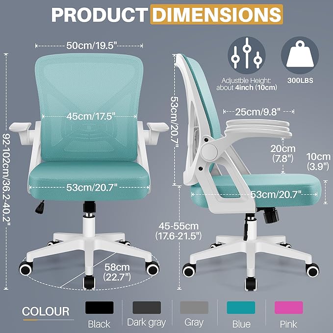 FelixKing Office Chair - Ergonomic Desk Chair Breathable Mesh Task with Wheels and Lumbar Support Home Desk Office Chairs with Flip up Armrest Rolling Swivel for Home Computer Blue