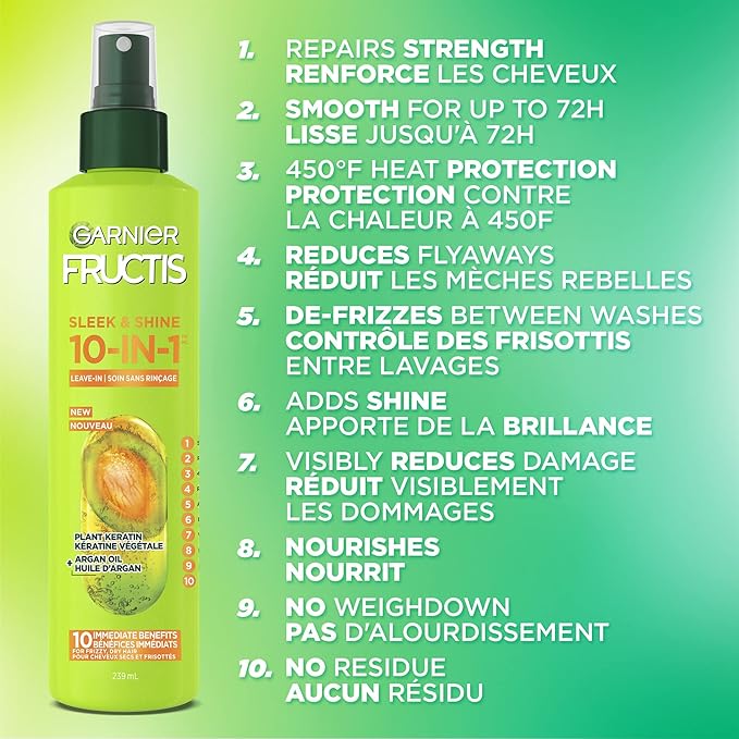 Garnier Fructis Sleek & Shine 10-in-1 for Frizzy,Dry Hair,Plant Keratin,8.1 Fl Oz,(Packaging May Vary),(Pack of 2)