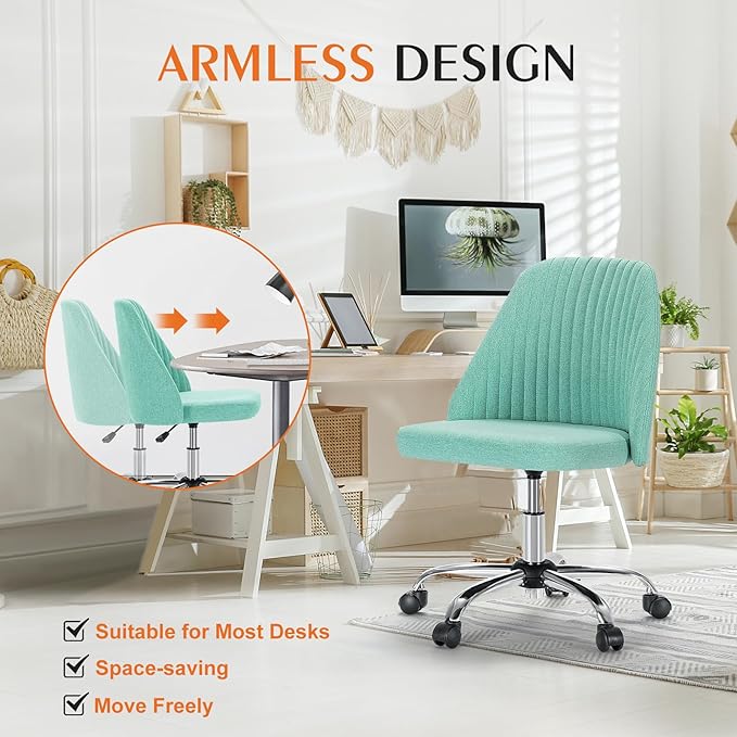 Sweetcrispy Armless Vanity Chair, Cute Comfy Home Office Desk Chair with Wheels, Modern Upholstered Task Computer Seat for Bedroom, Study, Makeup Vanity, Height Adjustable & Swivel, Mint