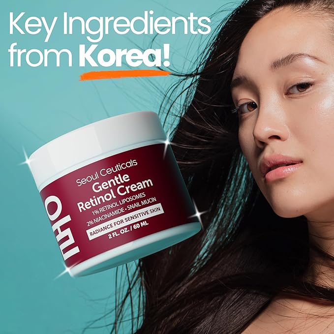 SeoulCeuticals 1% Korean Retinol Night Cream - 97.5% Snail Mucin + 2% Niacinamide Moisturizer for Face - Gentle K Beauty for Sensitive Skin 2oz