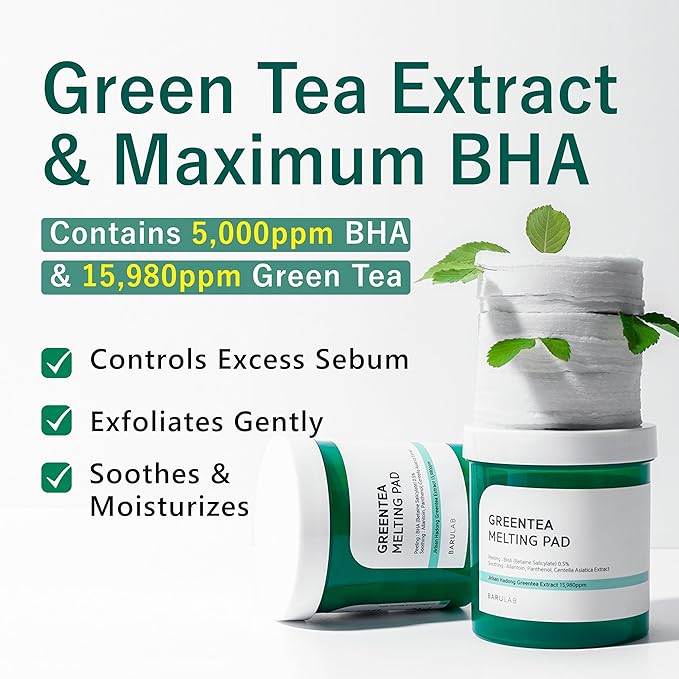 BARULAB Green Tea BHA Melting Toner Pads with Centella Asiatica Soothing Hydrating Moisturizing for All Skin Types | Anti-blemish Daily Care Gentle Mild Peeling Exfoliating Korean Skincare, White