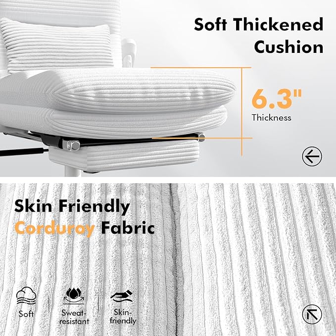 Criss Cross Chair with Wheels & Flip-up Arms, Executive Office Chair with Foot Rest, Swivel Cross Legged Office Chair with Lumbar Pillow, Corduroy Comfy Computer Desk Chair for Home, White
