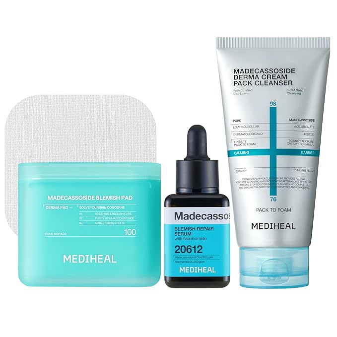 Mediheal Madecassoside Clear Skin Routine Bundle – Cream Pack Cleanser + Blemish Toner Pads (100ct) + Repair Serum | Centella Asiatica Tone Care, Pore Cleansing & Skin Soothing