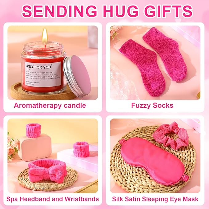 15 Pcs Birthday Gifts for Women Robe Sets for Women Spa Basket Set Graduation Gifts Bath Robe Make up Brushes Scented Candle Fluffy Socks Coffee Cup for Mom Nurse Girlfriend Wife(Rose Red)