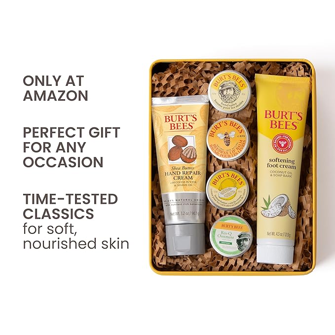 Burt's Bees Gifts Ideas - Classics Set, 6 Products in Giftable Tin – Cuticle Cream, Hand Salve, Lip Balm, Res-Q Ointment, Hand Repair and Foot Cream