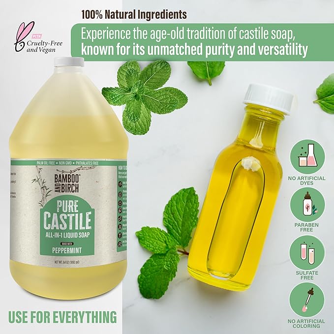 BAMBOO AND BIRCH Pure Castile Soap Liquid, Certified Palm Oil Free Natural Soap, Peppermint, 64 oz