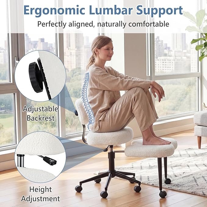 DUMOS Ergonomic ADHD Cross Legged Office Desk Chair with Adjustable Backrest, Height Adjustable Meditation Chair with 360° Swivel Footstool, Teddy Fabric Yoga Stool for Home Office, White