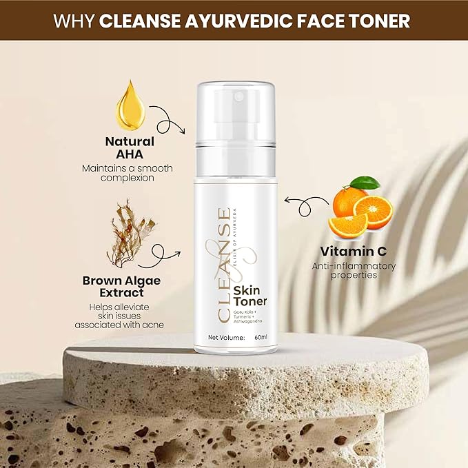 Cleanse Ayurveda Skin Toner with Green Tea & Aloe Vera for Wrinkles & Fine Lines, Radiating Face Toner for Women & Men, for All Skin Types, 1.7 Fl Oz