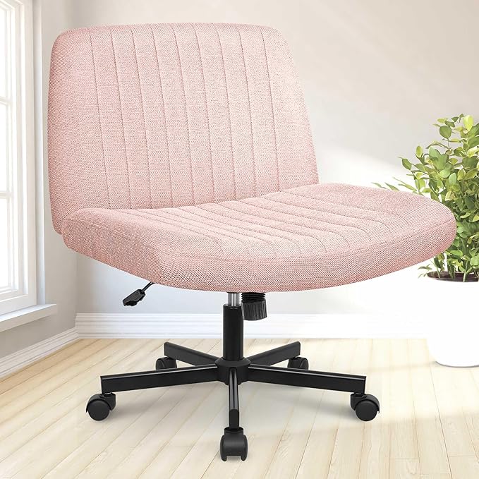 NEO Chair Criss Cross Chair with Wheels Home Office Cross Legged Armless Chairs Ergonomic Adjustable Computer Desk Task Wide Seat for Bedroom Vanity Comfy Swivel (Pink)