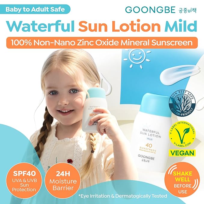 GOONGBE Waterful Sun Lotion Mild SPF 40 - Zinc Oxide Water Resistant Mineral Sunscreen for Babies, Kids & Adults - Hypoallergenic, Vegan, Reef-Safe - Korean Sun Care for Sensitive Skin, 2.82 fl.oz.