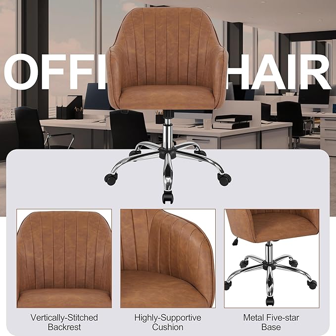 Yaheetech Modern Faux Leather Desk Chair Makeup Chair Height Adjustable Swivel Office Task Computer Armchair for Living Room Retro Brown