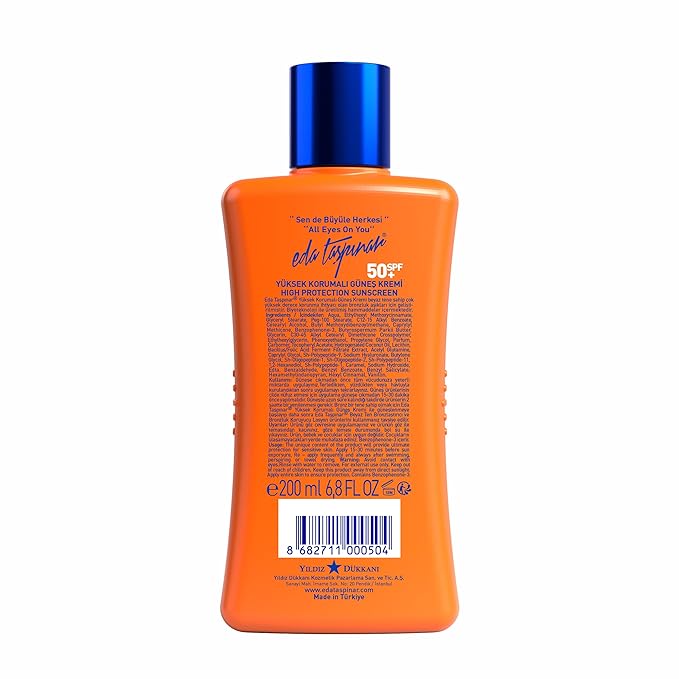 Eda Taspınar SPF 50+ Sunscreen Lotion | Broad Spectrum UVA/UVB Face & Body Sunscreen | Moisturizing Vitamin E Formula for Sensitive Skin | Sun Tan Lotion | (200 ml/6.8 fl oz) 1 Pack