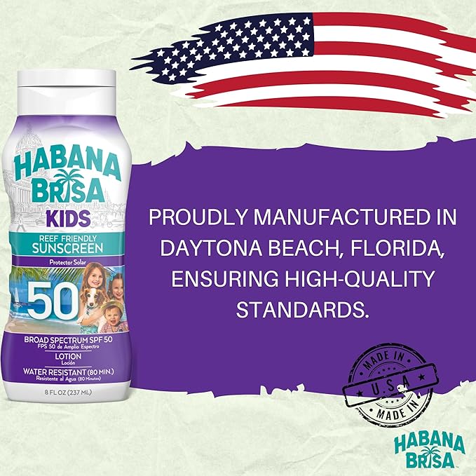 Habana Brisa Reef Friendly Kids Sunscreen Lotion SPF 50, UVA/UVB Protection, HAWAII ACT 104 COMPLIANT, NON GMO & Vegan, No Oxybenzone & No Octinoxate, Water Resistant, Small-Batch Production, 8 FL OZ