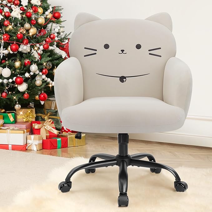 IWMH Home Office Chair Wide Seat Desk Chair Cute Velvet Swivel Vanity Chairs Cat Themed Computer Task Chairs with Wheels Upholstered Modern Accent Armchair for Living Room Bedroom Study Makeup White