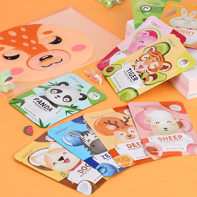 18 Pack Animal Face Mask for Kids, Bulk Sheet Face Masks Skincare for Girls, Collagen Hydrating Face Mask Spa Party Gifts for Teens, Easter Basket Stuffers, Birthday Gifts for Women
