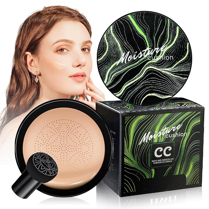 Mushroom Head Air Cushion CC Cream - Tattoo Cover up Moisturizing BB Creams Foundation, Long-Lasting Waterproof Concealer Full Coverage for Even Skin Tone (Buff Beige, 1 PCS)