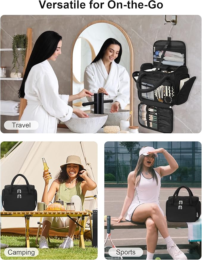 Hanging Toiletry Bag for Women - Travel Makeup Organizer with Brush Compartment, Portable Toiletry Bag with Removable Dividers for Full-size Container, Lightweight Cosmetic Case for Trip - Black