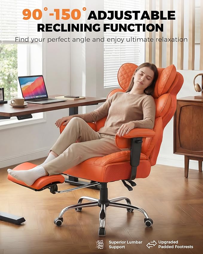COMHOMA Big and Tall Office Chair with Upgrade Footrest, Heavy Duty Gaming Chair High Back Executive Chair with Spring Lumbar Support for Lower Back Pain Relief, 150°Reclining Adjustable Armrests